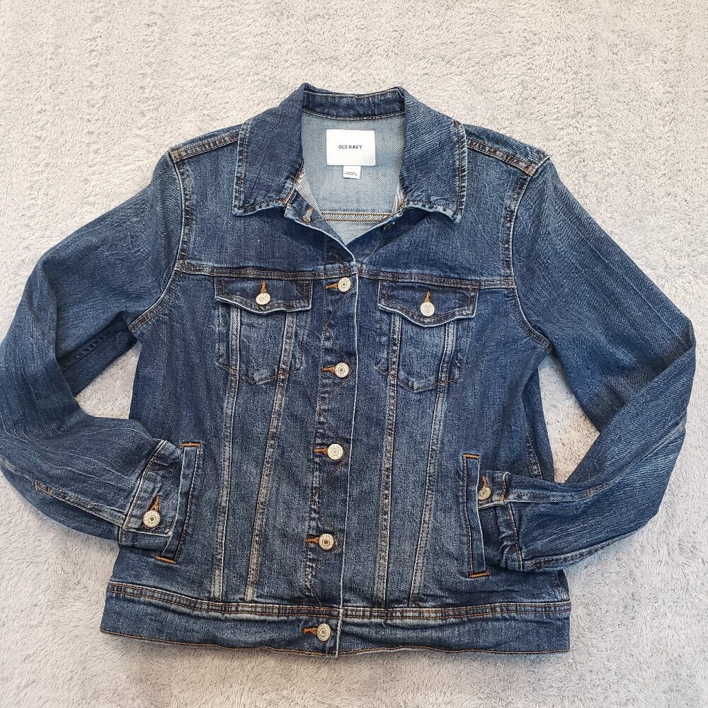 Old Navy Women's Size Large Classic Medium Wash Stretch Denim Trucker Jacket EUC